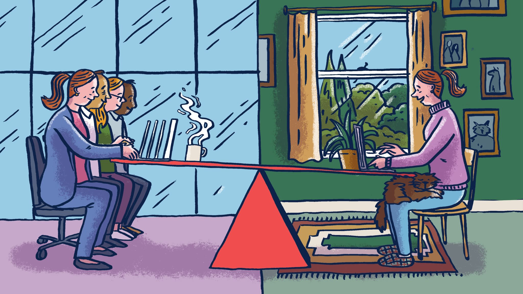 Illustration of an desk, with several people sat in an office working at laptops on one side, while on the other side sits a person working from home
