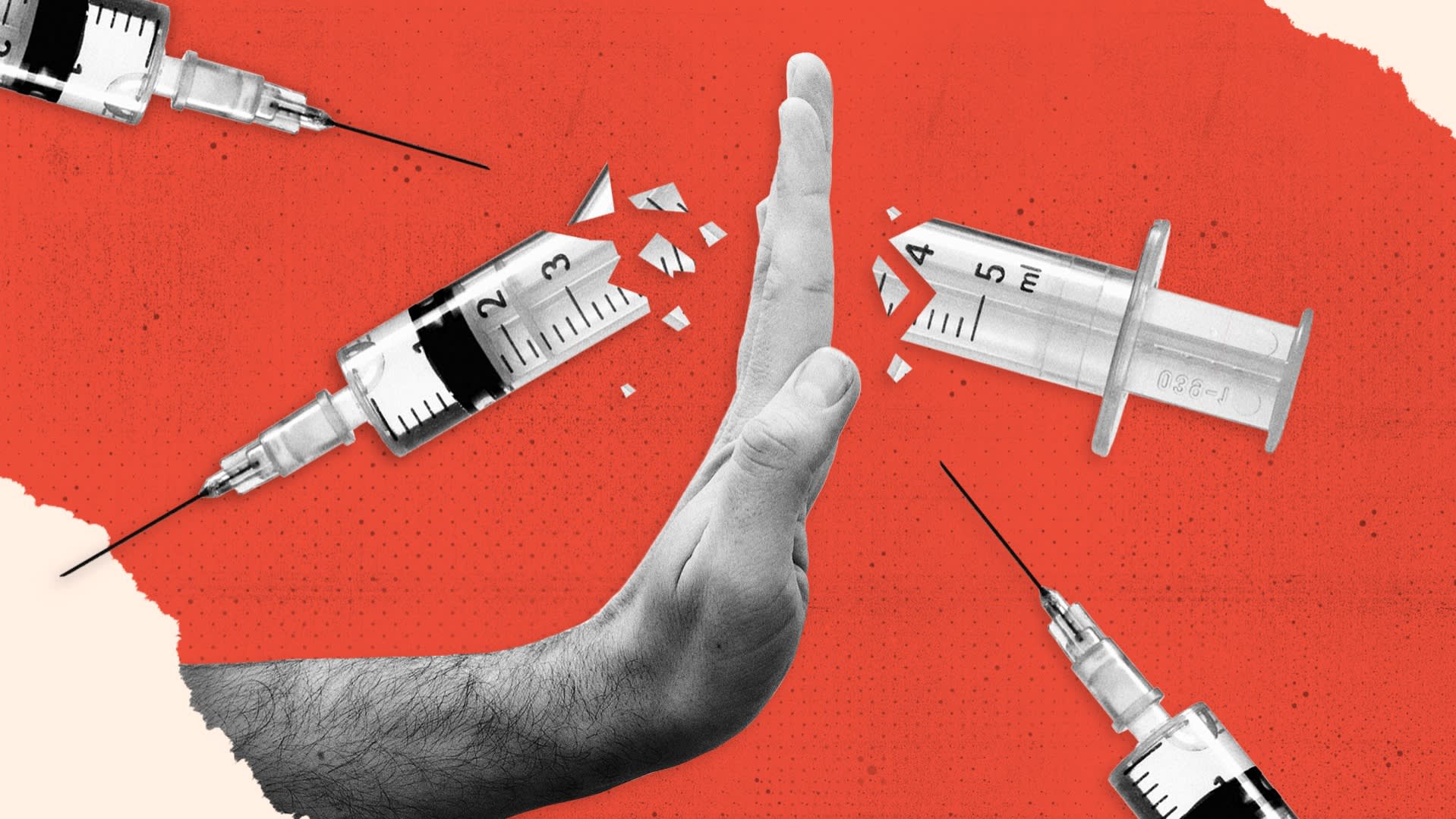 Illustration of a hand being held up to say no to vaccines, and breaking an inoculation syringe in half