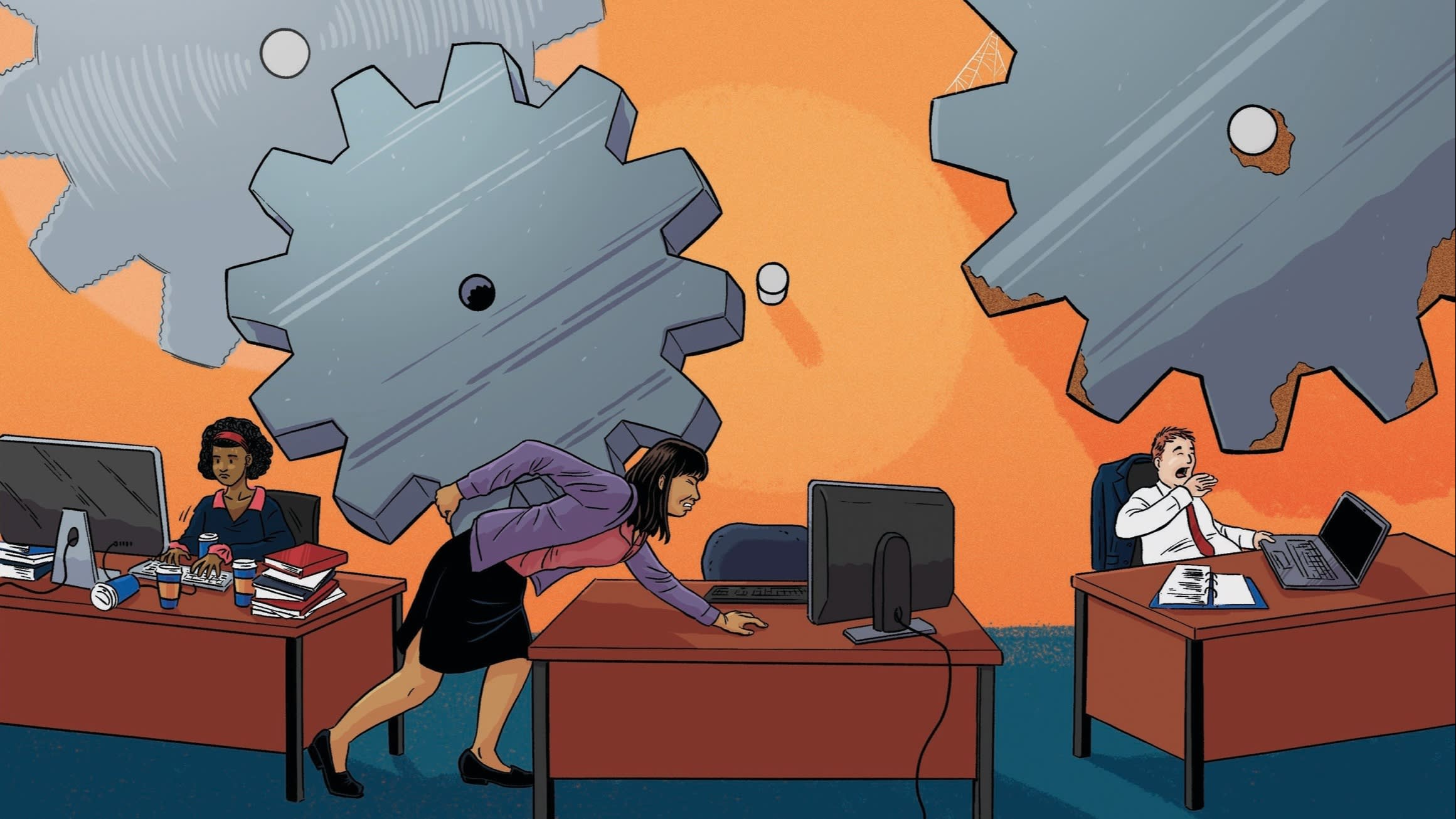 illustration of office workers working on their desks with one bent over with an aching back