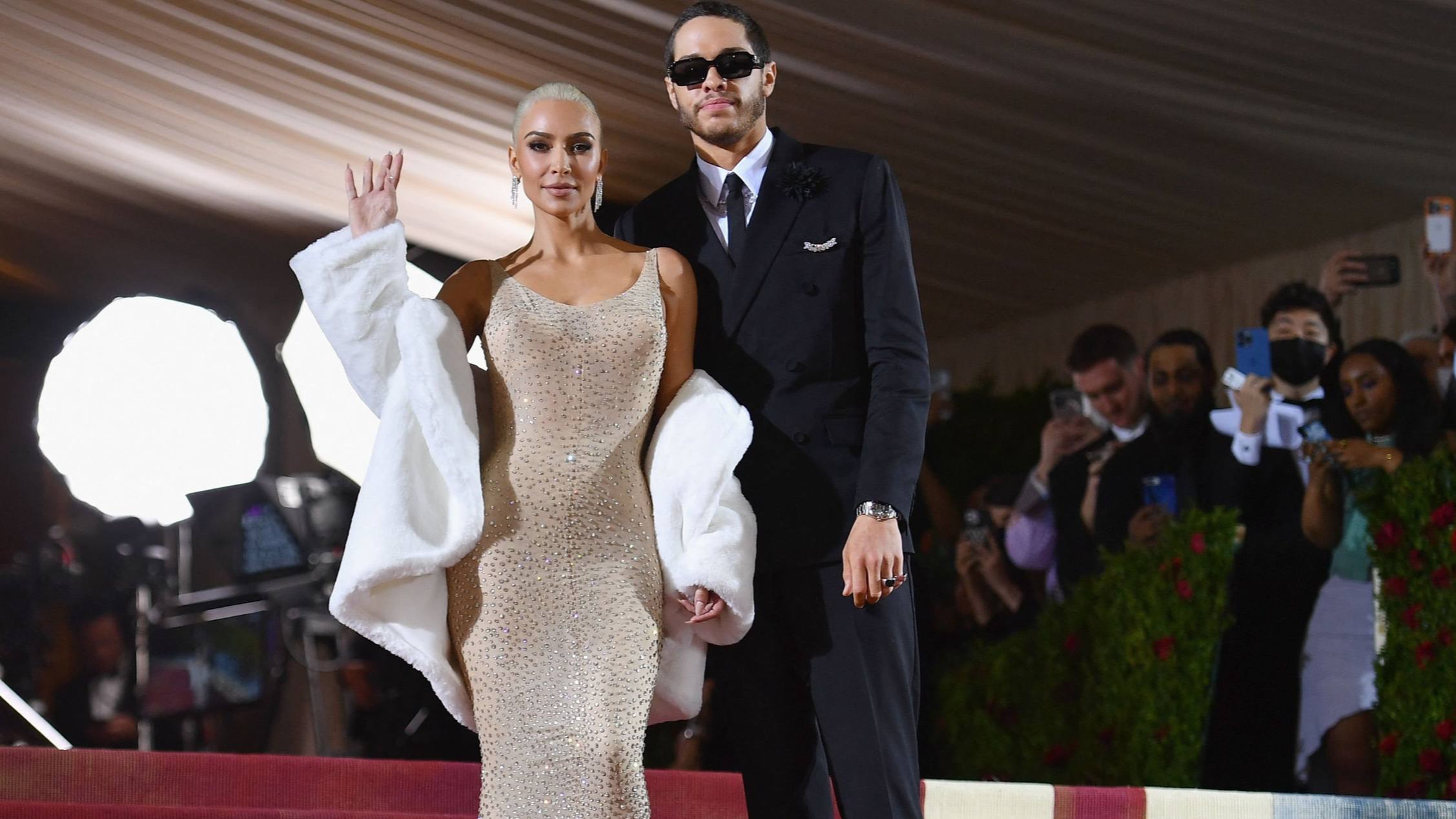 Kim Kardashian in a Marilyn Monroe dress arriving with comedian Pete Davidson for the May 2022 Met Gala at the Metropolitan Museum of Art