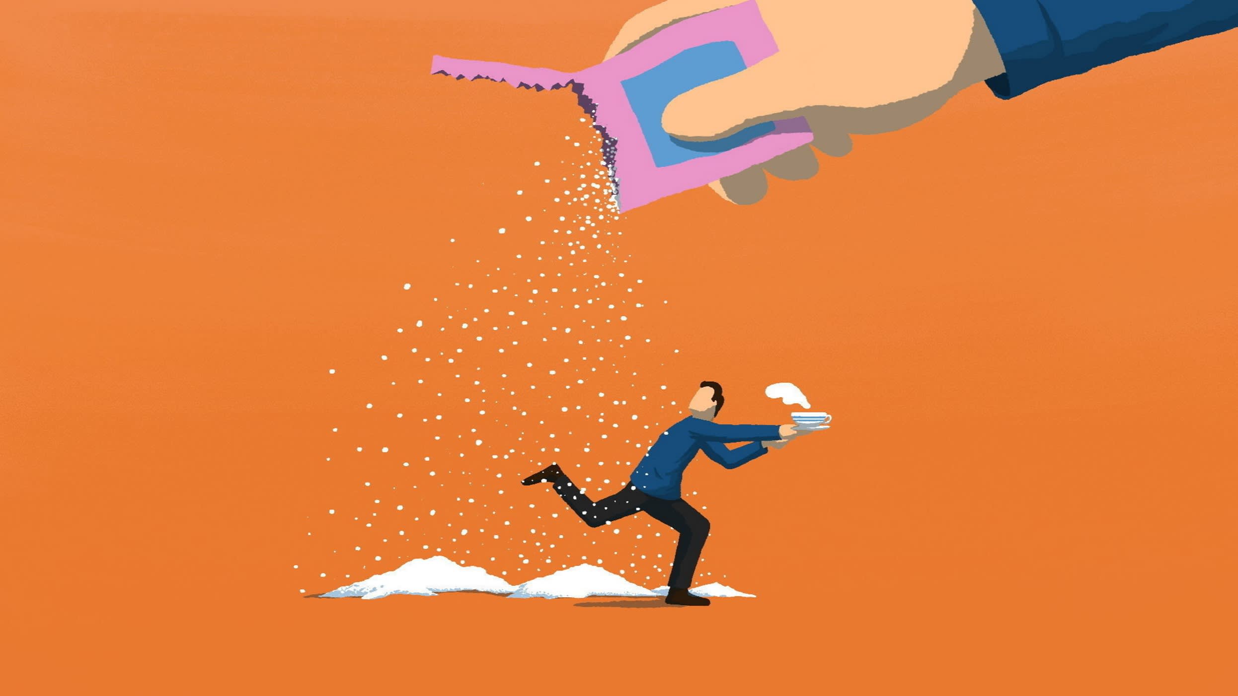 Andy Carter illustration of a person holding a cup of coffee running away from a downpour of sweetener being sprinkled by a giant hand
