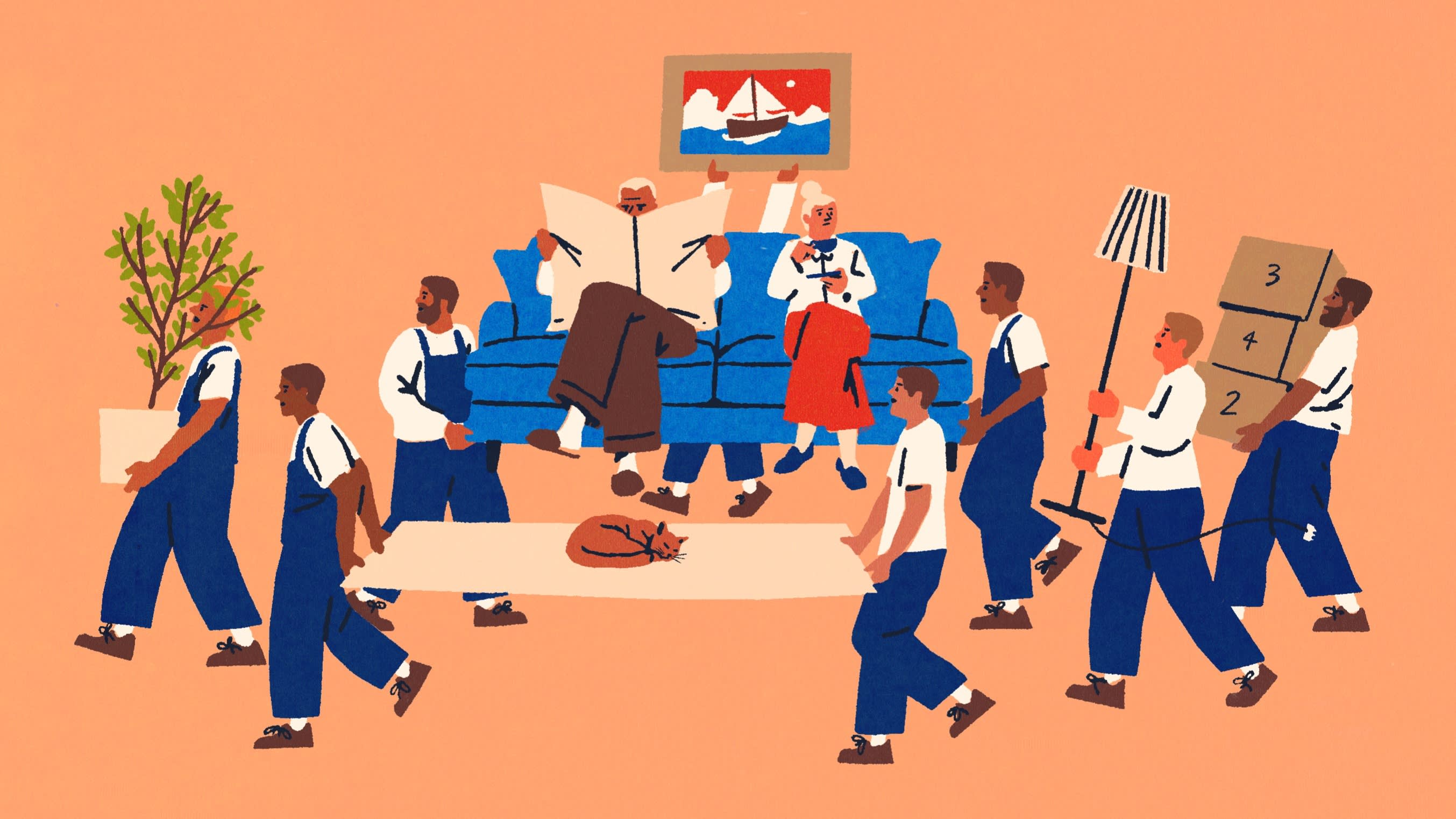 Drawing of a couple relaxing on a sofa carried by removal men